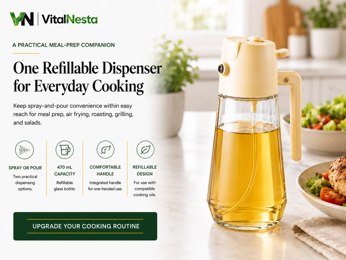 VitalHeat refillable glass oil sprayer and pourer presented as an everyday meal-prep companion
