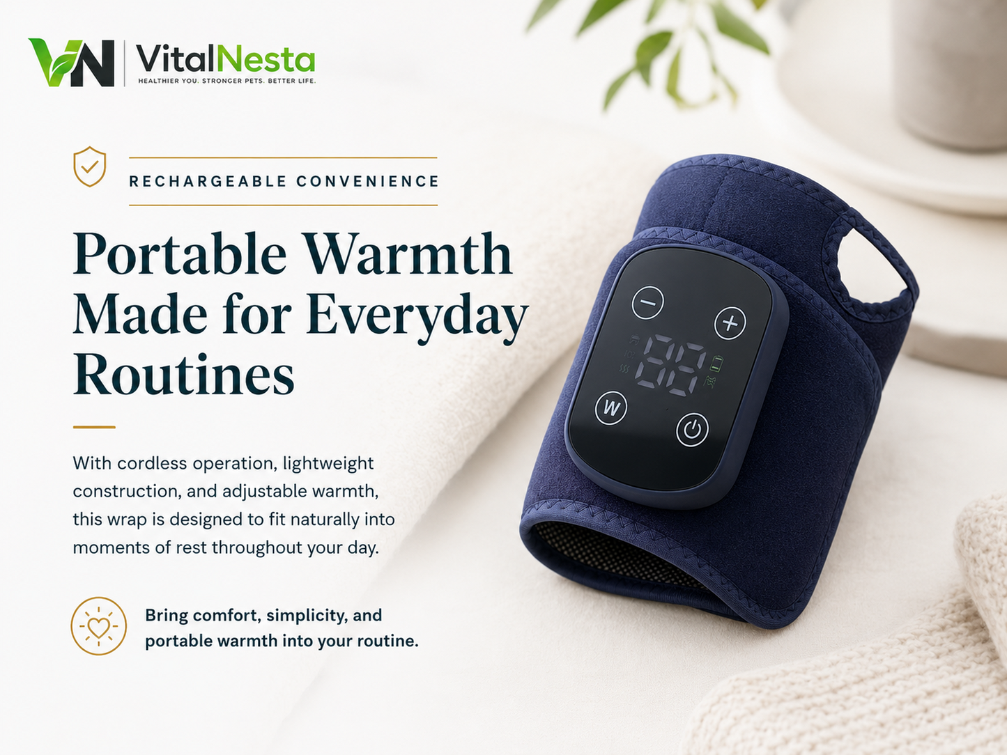 VitalRelief™ Rechargeable Warming Wrist Wrap presented for portable everyday warmth with cordless operation