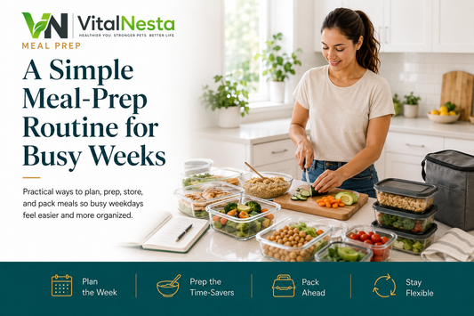 Woman preparing vegetables and organized meals in a bright kitchen with meal-prep containers, a cutting board, and fresh ingredients.