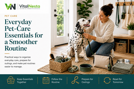 Woman preparing a Dalmatian for an outing in a bright home entryway with a leash, grooming supplies, pet-care basket, water bowl, and towel.