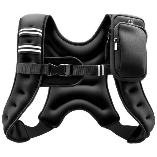Black VitalFlex 10 lb weighted training vest showing front buckle, adjustable strap, reflective detailing, and storage pocket