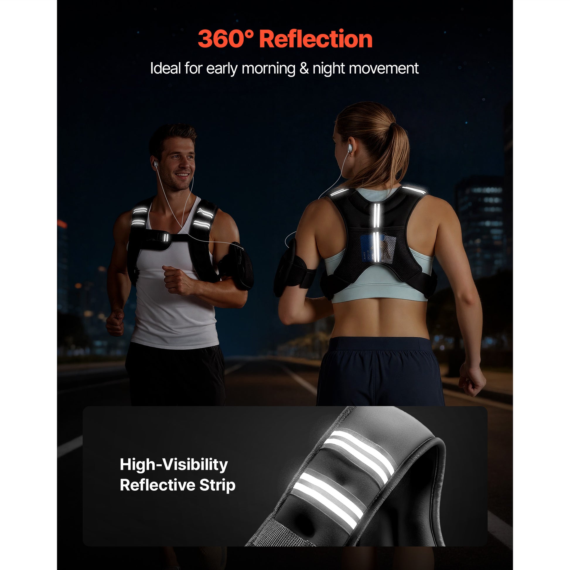 Two people exercising outdoors at night while wearing weighted training vests with visible reflective detailing