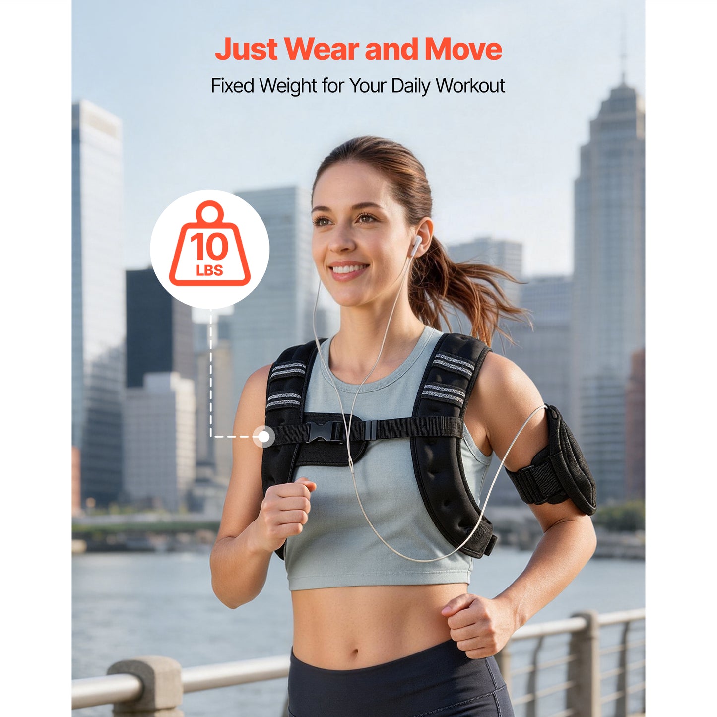 Woman jogging outdoors while wearing a black fixed 10 lb weighted training vest with front buckle closure