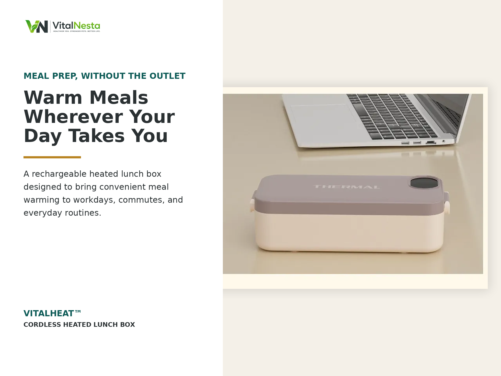 VitalHeat Cordless Heated Lunch Box shown in an everyday meal-prep lifestyle setting