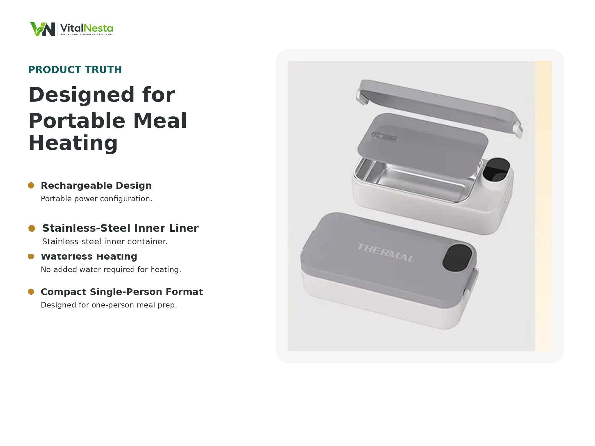VitalHeat Cordless Heated Lunch Box product overview showing its compact rechargeable design