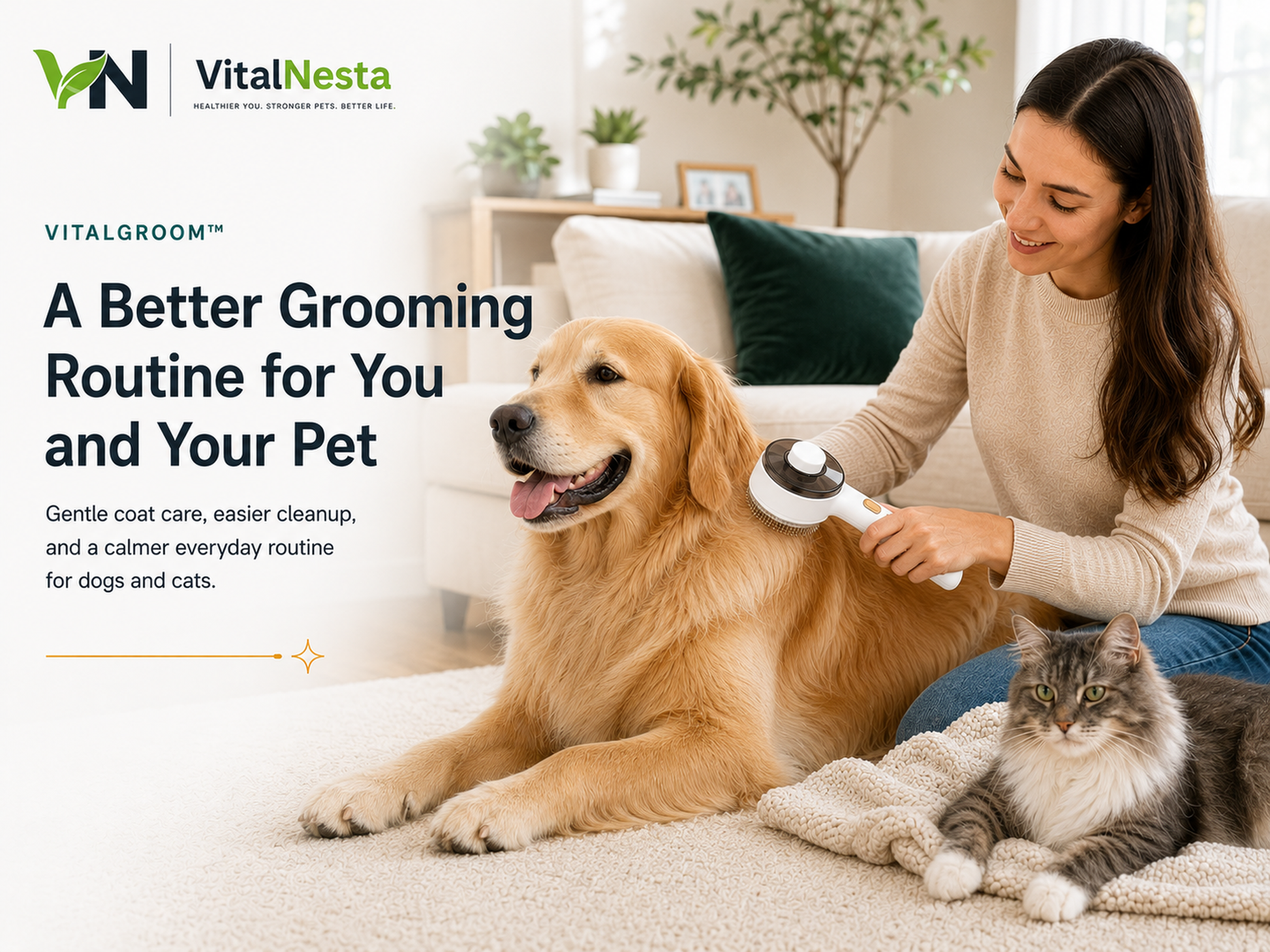 VitalGroom 3-in-1 Rechargeable Mist Brush used during an everyday pet grooming routine