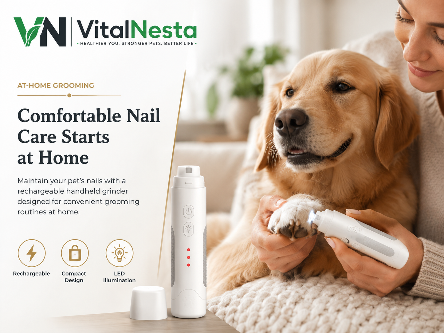 Pet owner using the VitalGroom rechargeable nail grinder during at-home grooming