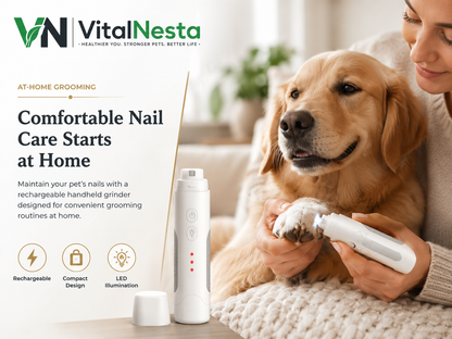 Pet owner using the VitalGroom rechargeable nail grinder during at-home grooming