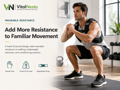 Adult performing a controlled squat while wearing the black VitalFlex 10 lb weighted training vest.