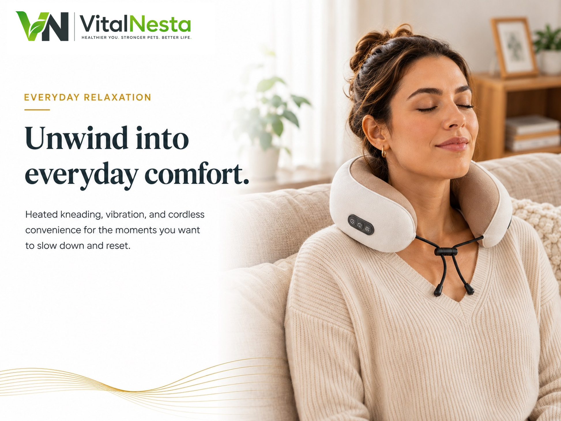 Woman relaxing at home while wearing the VitalRelief™ Heated Kneading Neck Massager