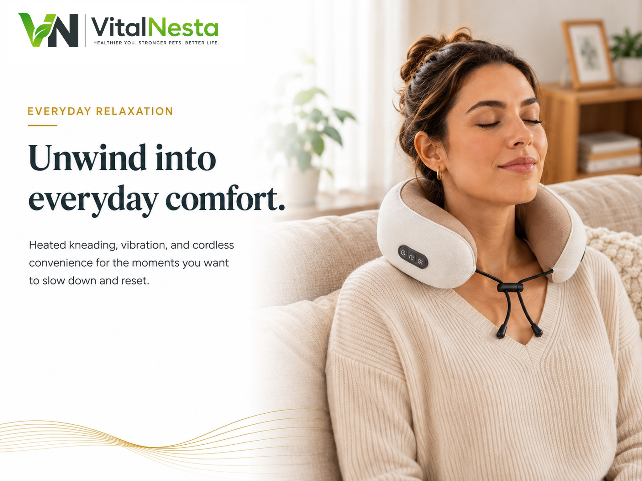 Woman relaxing at home while wearing the VitalRelief™ Heated Kneading Neck Massager
