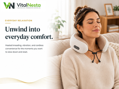 Woman relaxing at home while wearing the VitalRelief™ Heated Kneading Neck Massager