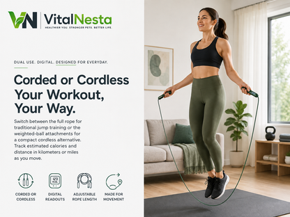 VitalFlex™ Digital Jump Rope in Ink Green shown in a modern home workout using the full rope with cordless weighted-ball attachments included.