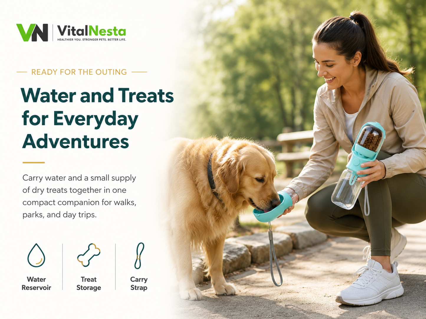 Dog drinking from the VitalGroom portable water and treat bottle during an outdoor park outing