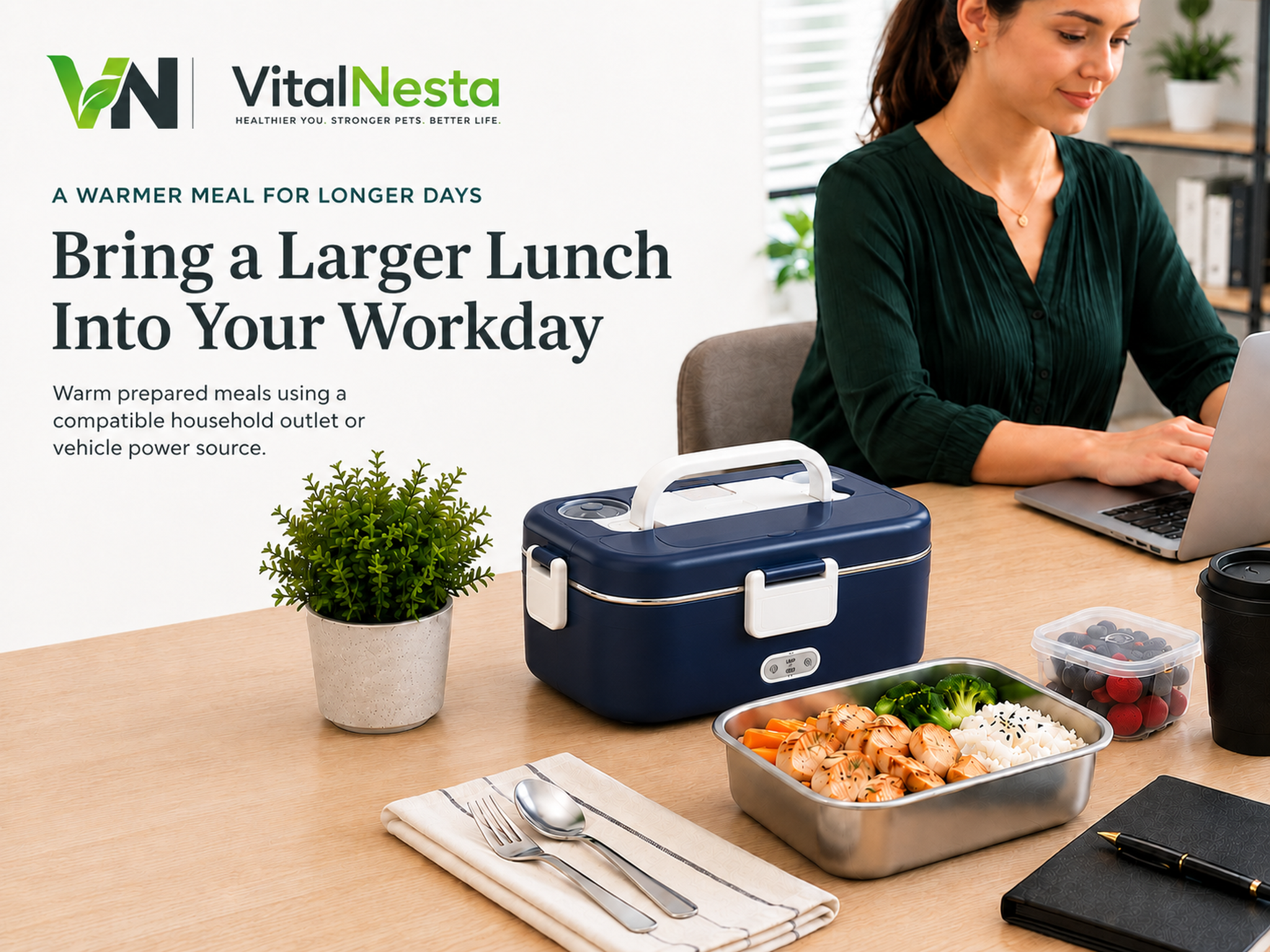 VitalHeat Dual-Power Electric Lunch Box XL with a prepared meal in a professional workday setting