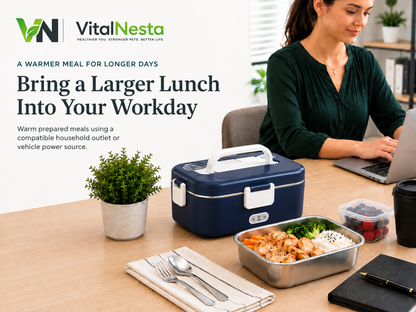 VitalHeat Dual-Power Electric Lunch Box XL with a prepared meal in a professional workday setting