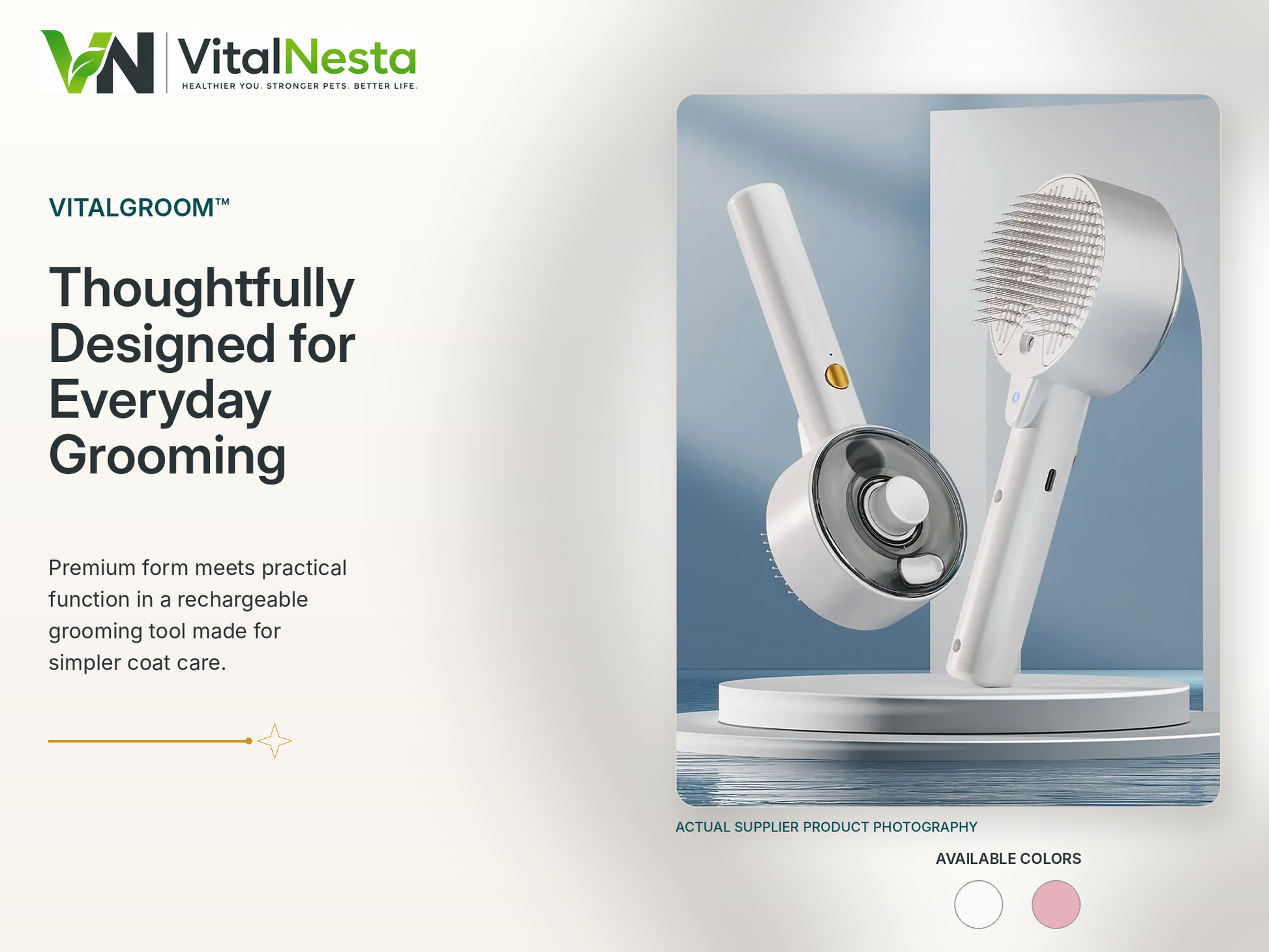 VitalGroom 3-in-1 Rechargeable Mist Brush shown in Ceramic White and Lotus Pink