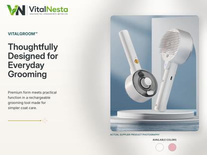 VitalGroom 3-in-1 Rechargeable Mist Brush shown in Ceramic White and Lotus Pink