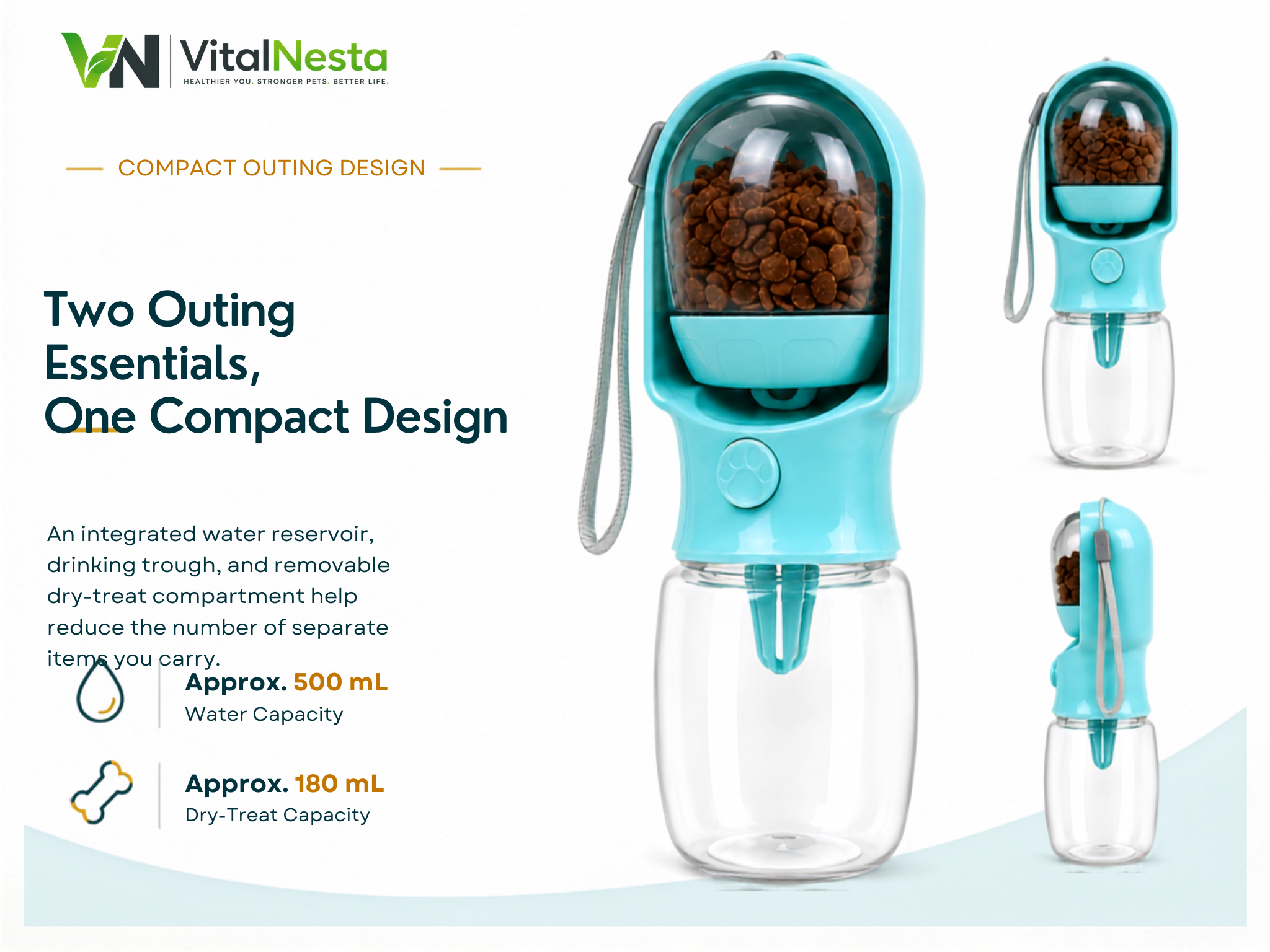 VitalGroom portable pet hydration and treat bottle with integrated drinking trough, removable dry-treat compartment, 500 mL water capacity, and 180 mL treat capacity
