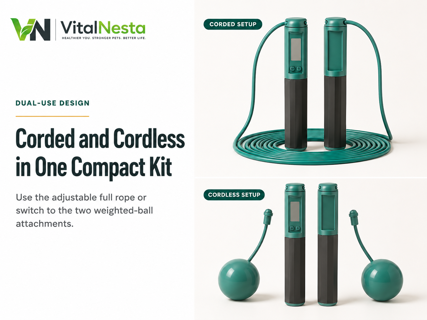 VitalFlex™ Digital Jump Rope dual-use kit in Ink Green showing both corded and cordless workout configurations.
