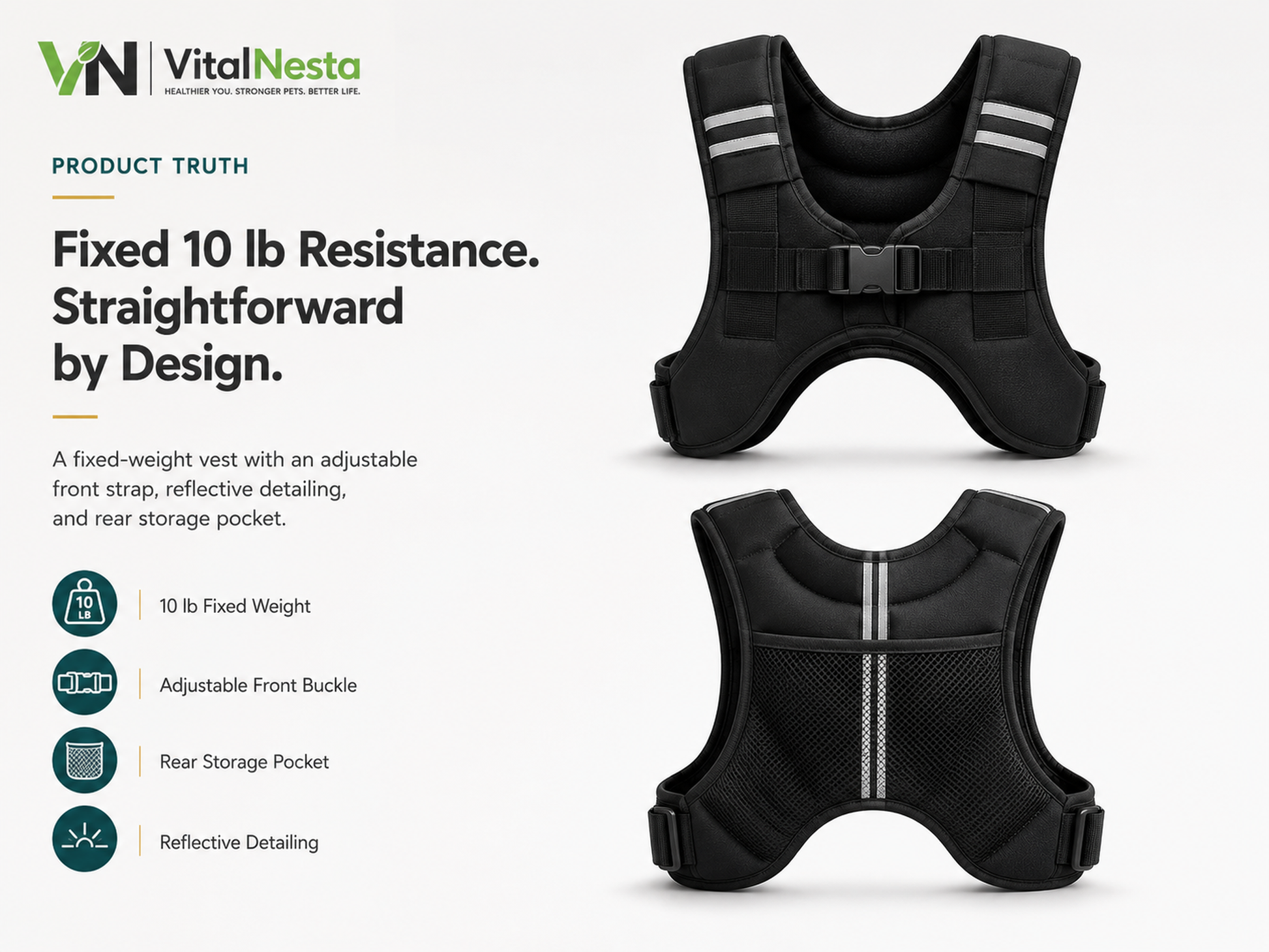 Front and rear views of the black VitalFlex 10 lb weighted training vest with front buckle, rear pocket, and reflective details.