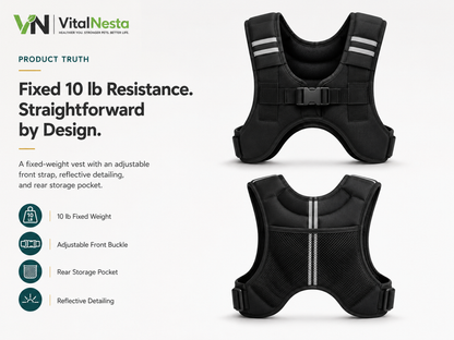 Front and rear views of the black VitalFlex 10 lb weighted training vest with front buckle, rear pocket, and reflective details.