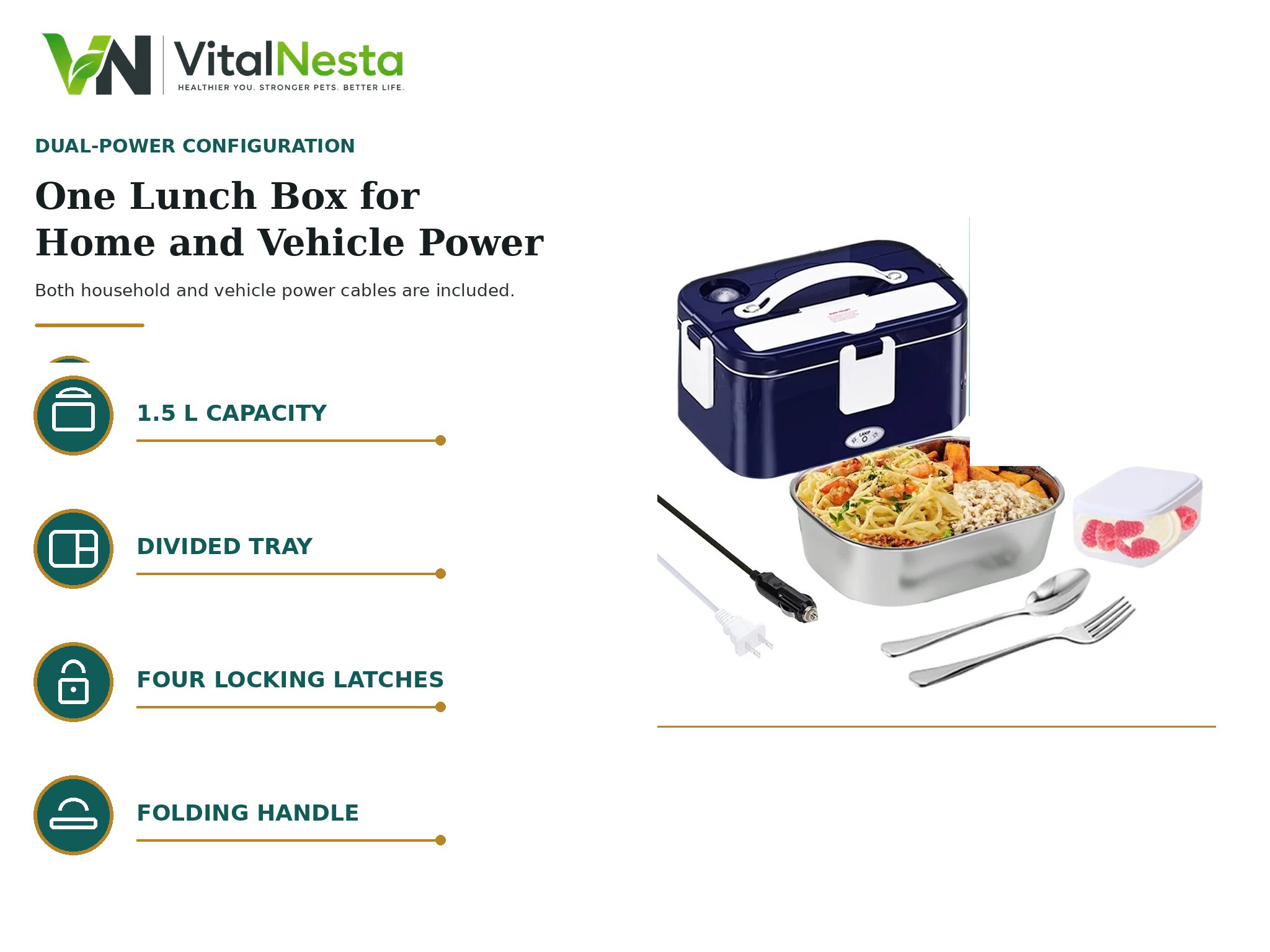VitalHeat Dual-Power Electric Lunch Box XL in Dark Blue with divided tray and included household and vehicle power cables