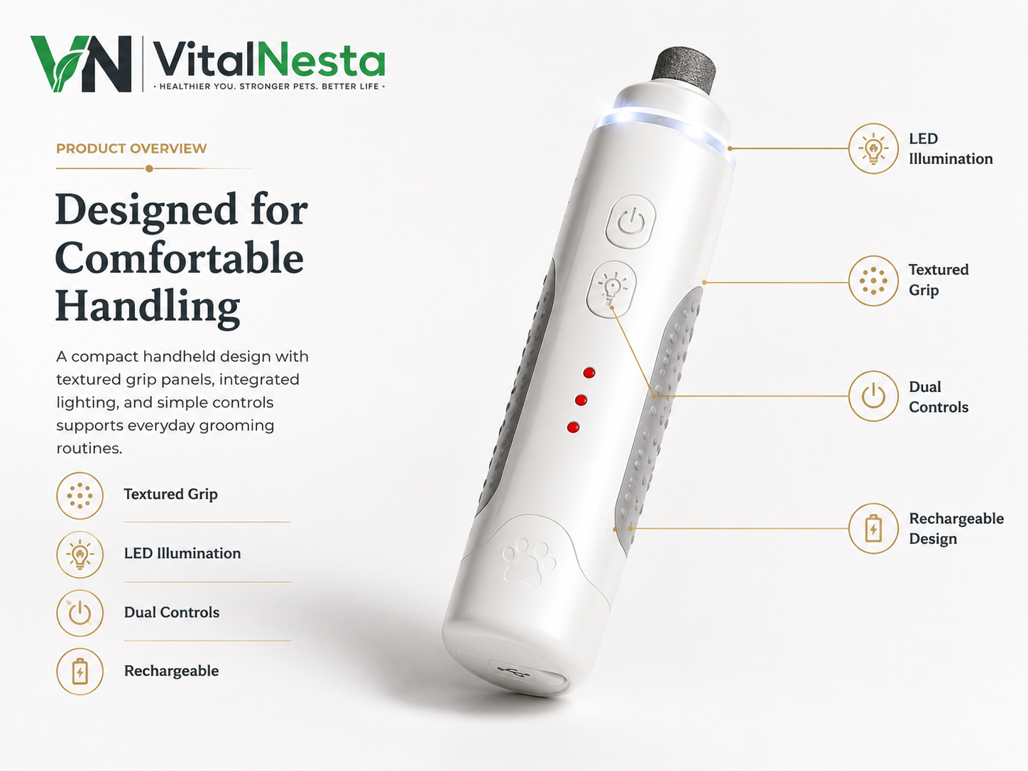 Cylindrical white VitalGroom pet nail grinder with feature callouts