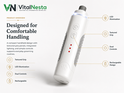 Cylindrical white VitalGroom pet nail grinder with feature callouts