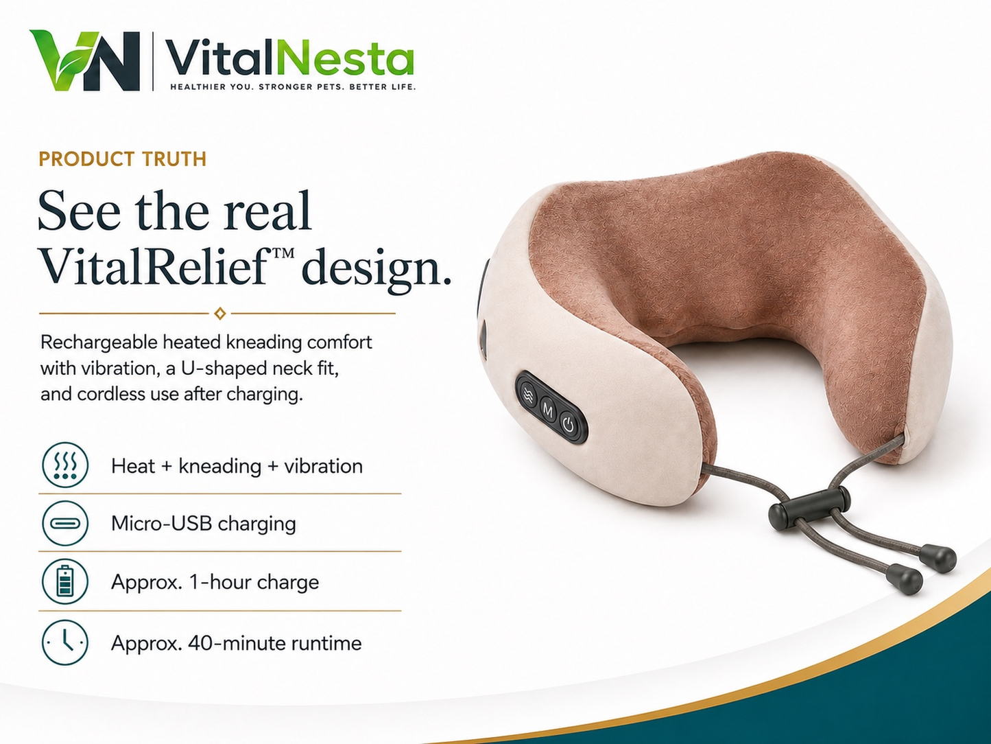 VitalRelief™ Heated Kneading Neck Massager with heat, kneading, vibration, and cordless rechargeable use