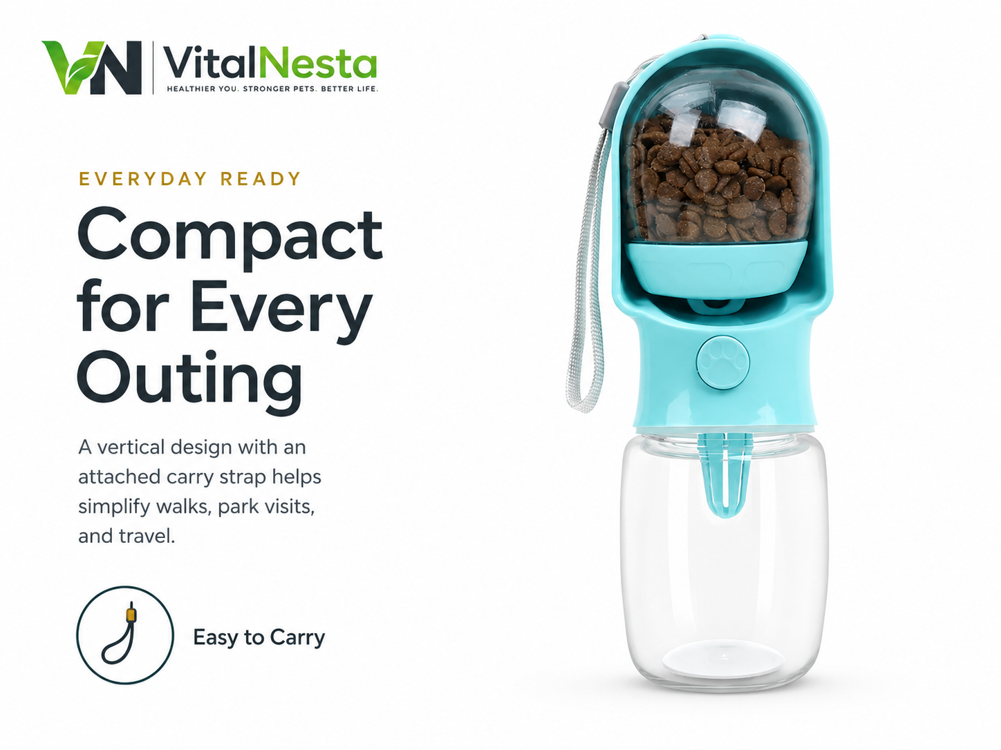 Compact VitalGroom pet hydration and treat bottle with integrated trough and attached wrist strap