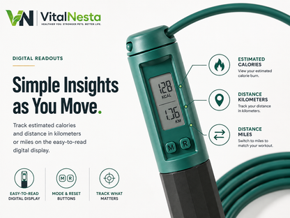 Close-up of the VitalFlex™ Digital Jump Rope handle in Ink Green highlighting estimated calorie and distance readouts.