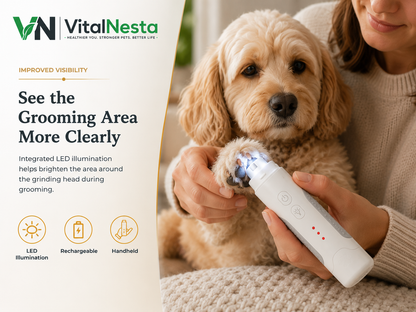 VitalGroom nail grinder LED illuminating the area near a dog’s paw