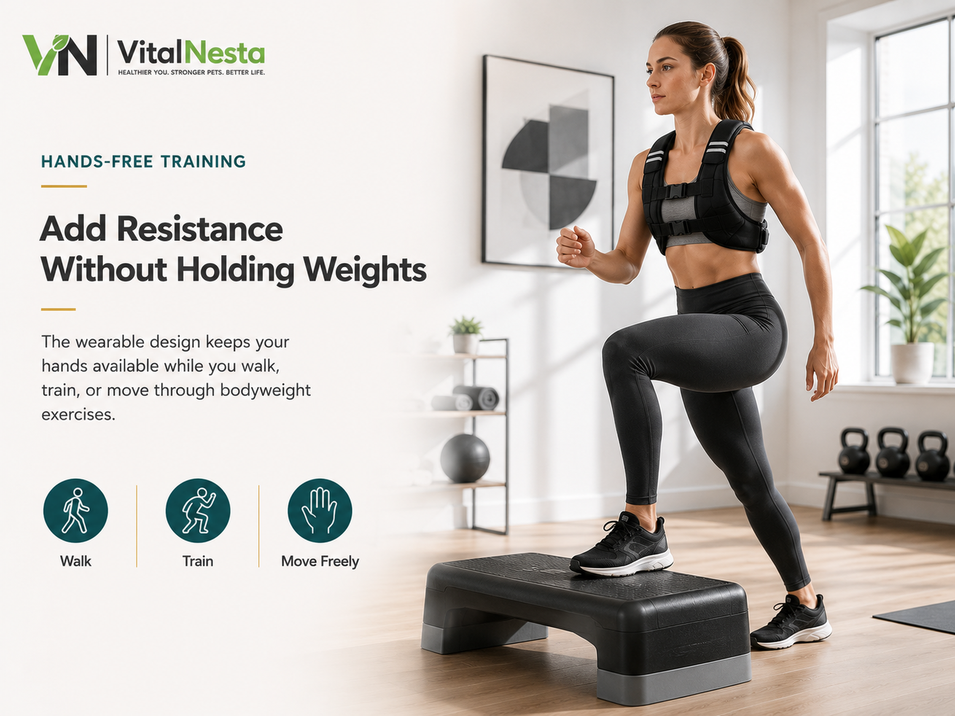 Adult completing a controlled step-up while wearing the VitalFlex weighted training vest with hands free.