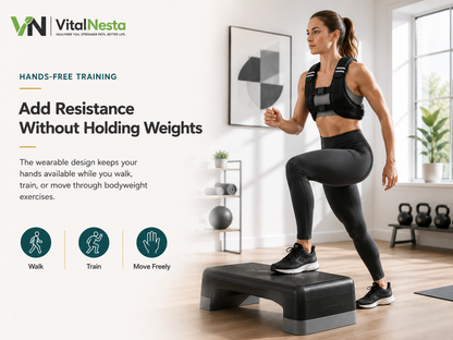 Adult completing a controlled step-up while wearing the VitalFlex weighted training vest with hands free.