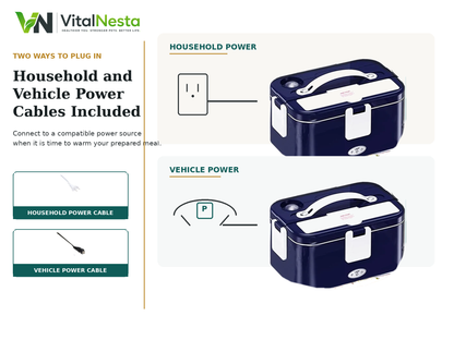 VitalHeat Dual-Power Electric Lunch Box XL in Dark Blue with divided tray and included household and vehicle power cables