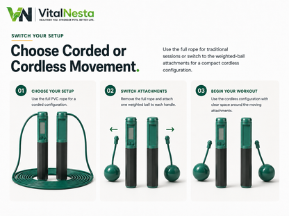 VitalFlex Digital Jump Rope showing corded and cordless training configurations with interchangeable rope and weighted-ball attachments