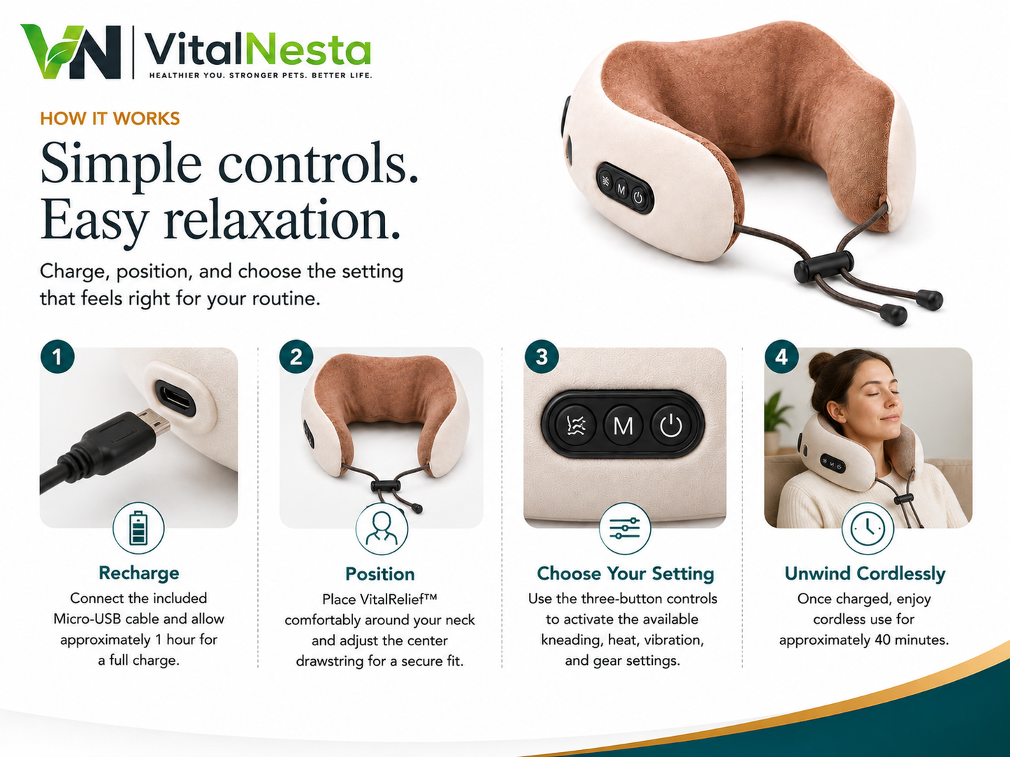 How to recharge, position, adjust, and use the VitalRelief™ Heated Kneading Neck Massager cordlessly