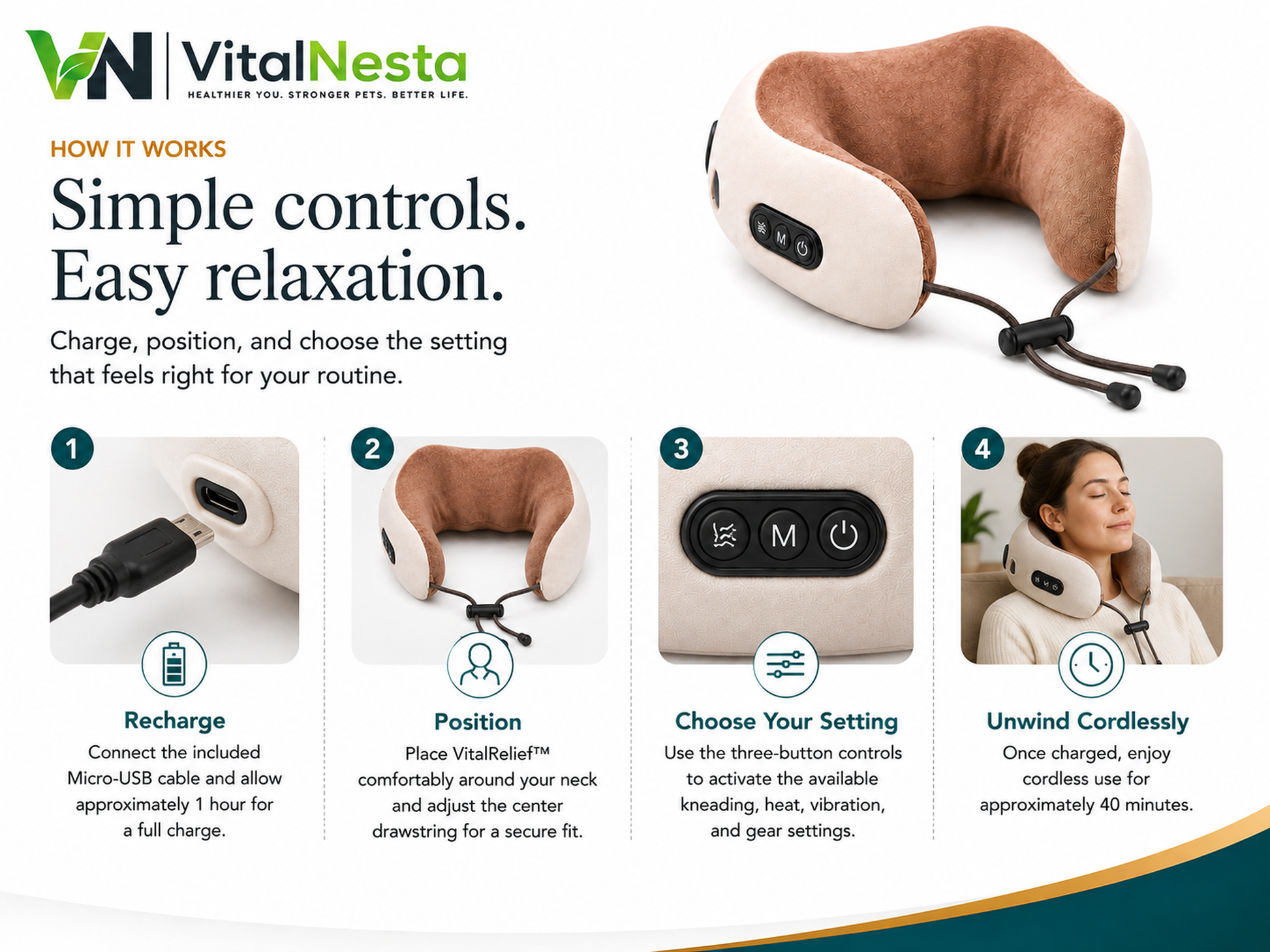 How to recharge, position, adjust, and use the VitalRelief™ Heated Kneading Neck Massager cordlessly