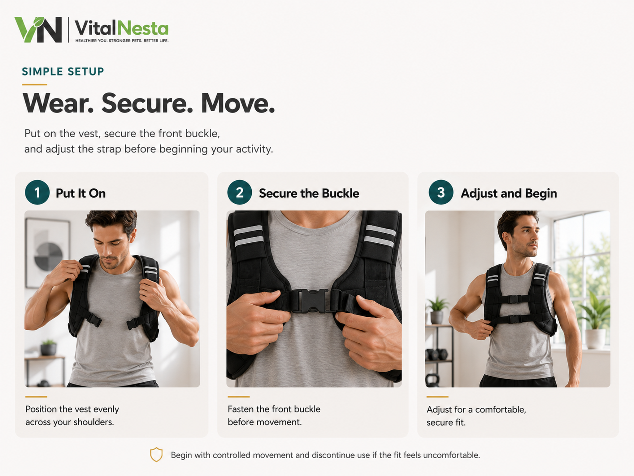 Three-step guide showing how to put on, buckle, and adjust the VitalFlex weighted training vest.