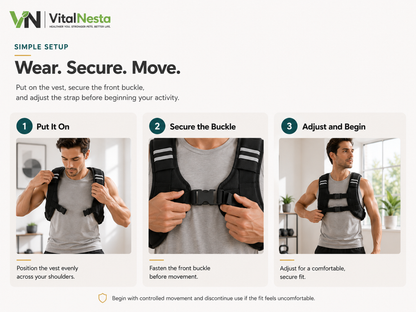 Three-step guide showing how to put on, buckle, and adjust the VitalFlex weighted training vest.