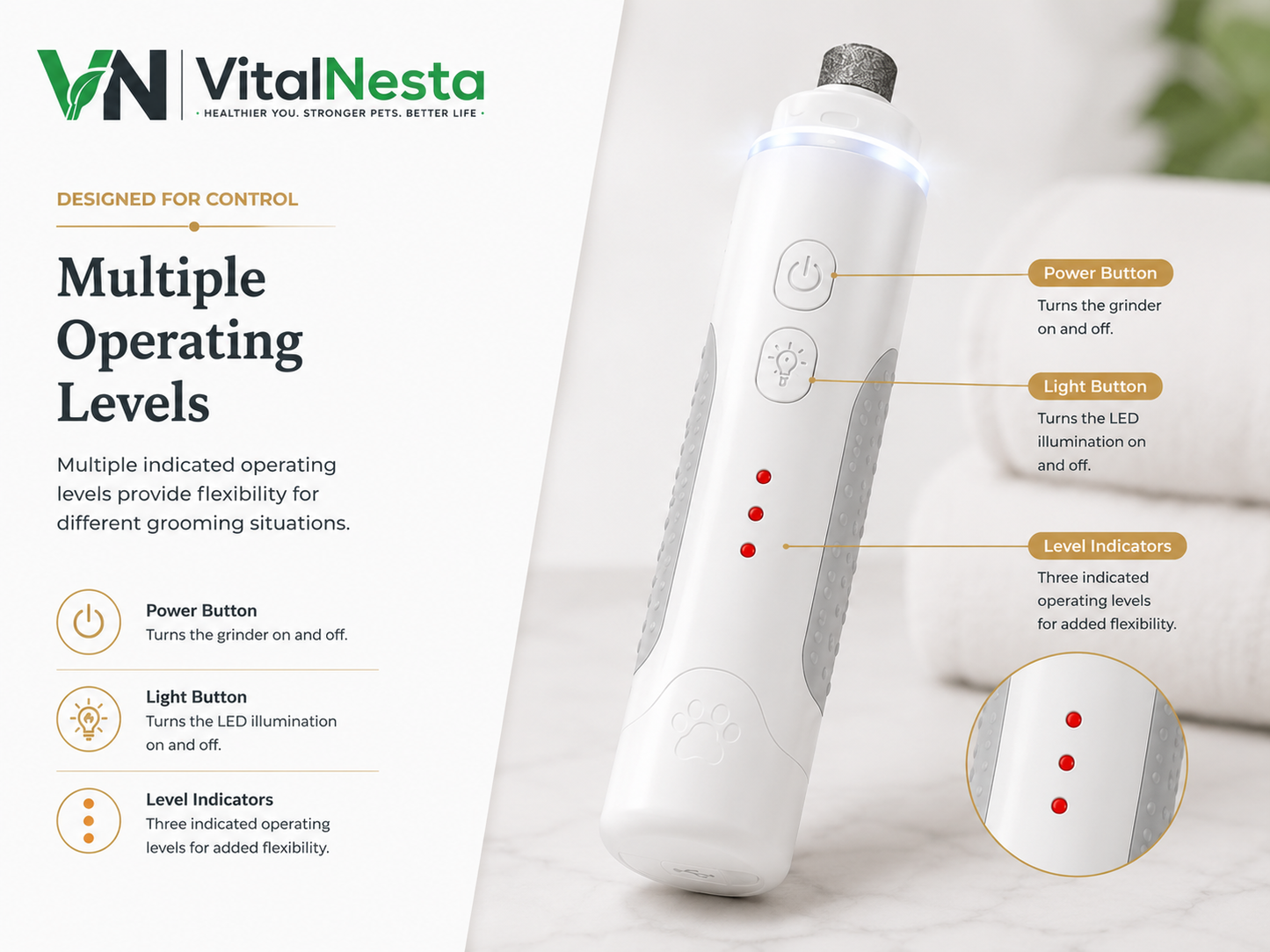 VitalGroom nail grinder controls and three indicator lights