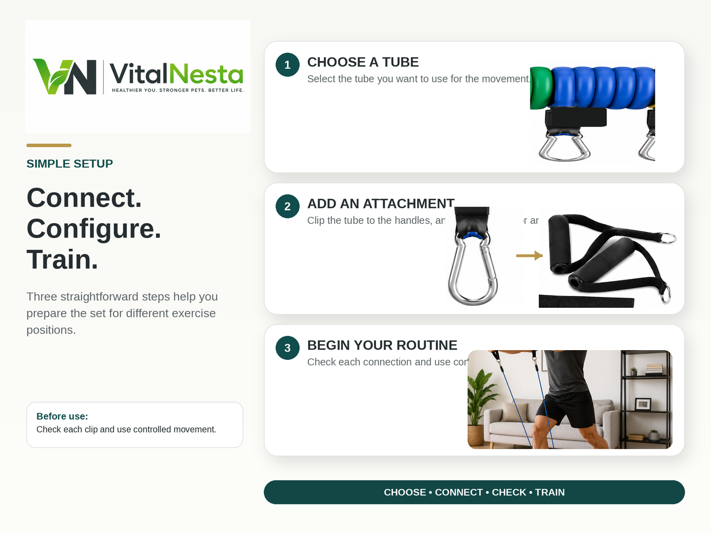 VitalFlex home gym resistance kit showing how the resistance tubes and included attachments connect for training
