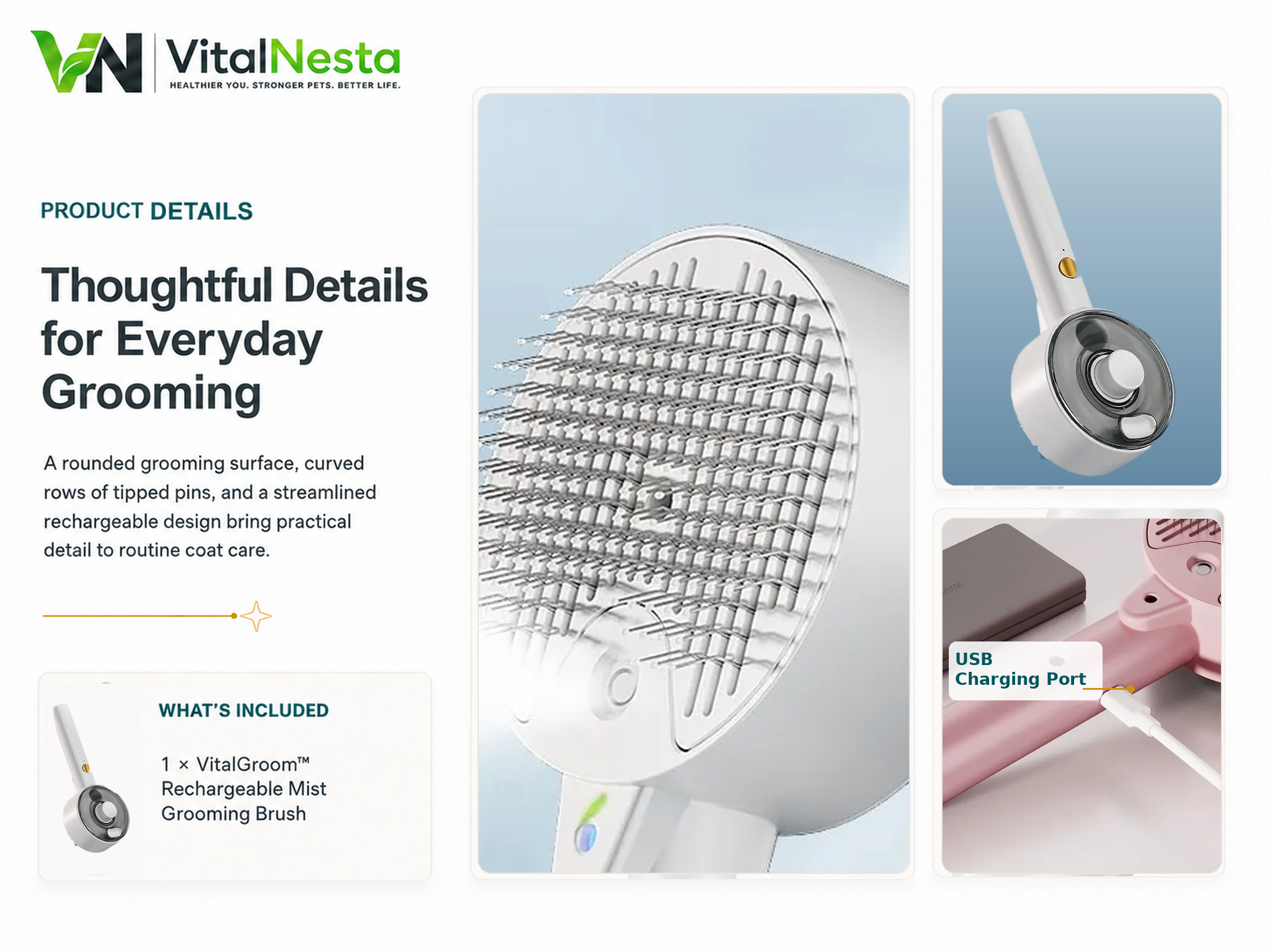 VitalGroom mist brush showing the grooming bristles, product details, and one rechargeable mist brush included