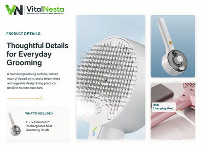 VitalGroom mist brush showing the grooming bristles, product details, and one rechargeable mist brush included