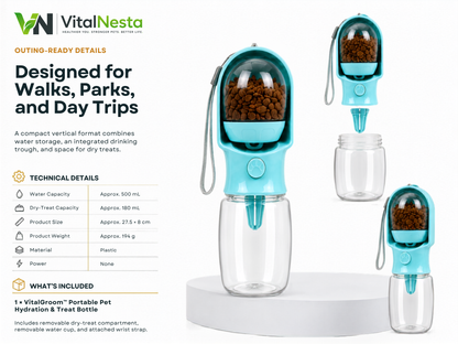 VitalGroom portable pet hydration and treat bottle showing technical specifications, removable dry-treat compartment, removable water cup, attached wrist strap, and outing-ready design