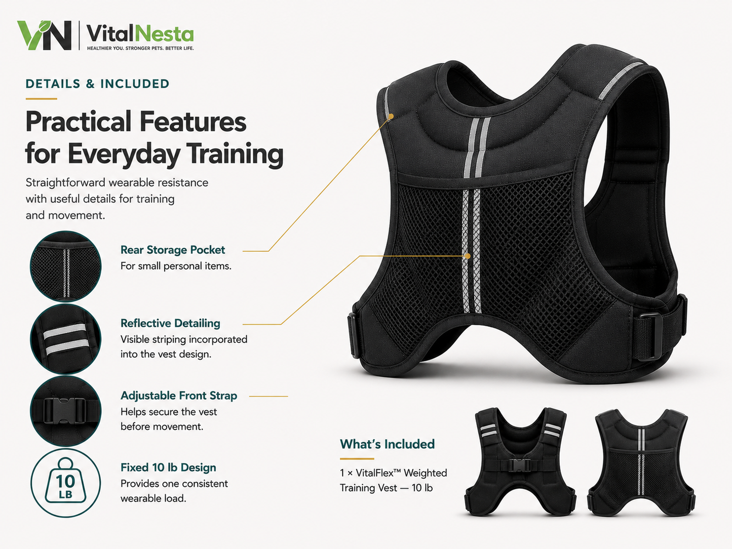 Rear view of the VitalFlex weighted training vest highlighting the storage pocket, reflective striping, front strap, and fixed 10 lb design.