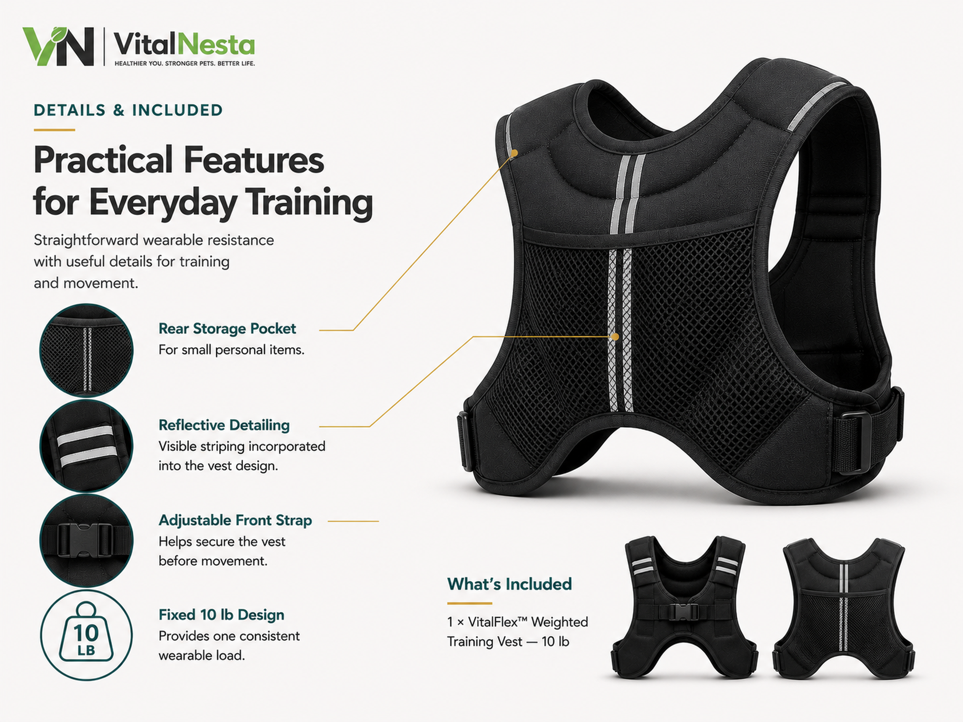 Rear view of the VitalFlex weighted training vest highlighting the storage pocket, reflective striping, front strap, and fixed 10 lb design.