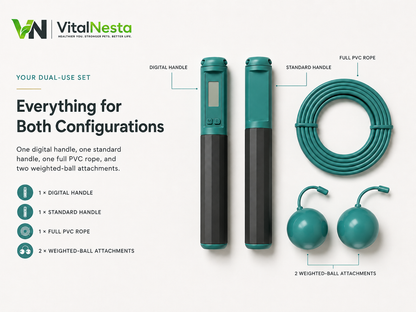 VitalFlex Digital Jump Rope kit showing the handles, adjustable PVC rope, and two weighted-ball attachments used for both configurations