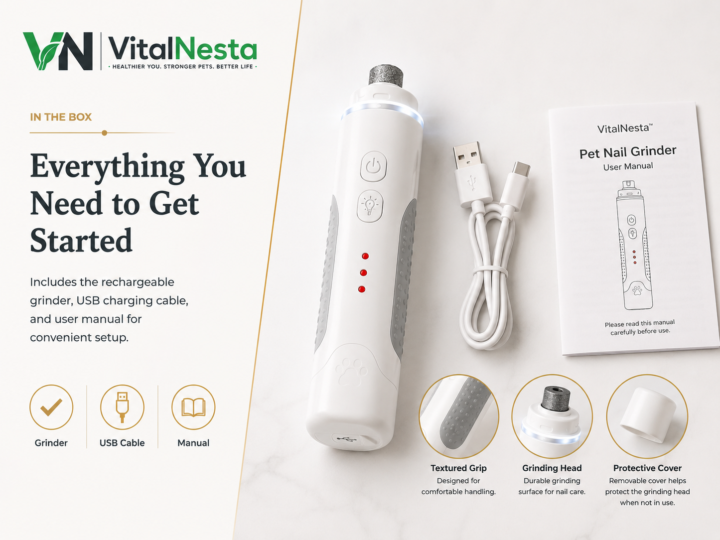 VitalGroom nail grinder with USB charging cable and user manual